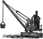 "A Crane is a machine for lifting weights, worked either by hand or by steam, or by hydraulic power. The most common hand form consisting of an upright revolving post and projecting arm, the jib with a fixed pulley at its extremity. The lifting chain or rope is secured to the weight, passes over the fixed pulley, and then round a drum or cylinder; suitable toothed-wheel gearing worked by a handle revolves this drum, and thus winds up or unwinds the rope or chain, and so raises or lowers the weight."&mdash;(Charles Leonard-Stuart, 1911)