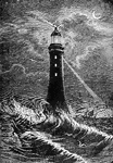 "Eddystone is a group of gneiss rocks, daily submerged by the tide, in the English Channel, 9 miles off the Cornish coast, and 14 S.S.W. of Plymouth Breakwater. The frequent shipwrecks on these rocks led to the erection of a lighthouse on them in 1669-1700, but the great storm of Nov. 20, 1703 completely washed it away. Another lighthouse was built in 1706-1709. This was burned in 1755. The next, noted for its strength and the engineering skill displayed in it, was constructed in 1757-1759. The granite was dovetailed into the solid rock, and each block into its neighbors. As the rock in which this tower was built became undermined and greatly weakened by the action of the waves, the foundation of another was laid on a different part of the reef in 1879. Its light is visible in clear weather at a distance of 17 and one half miles."—(Charles Leonard-Stuart, 1911)