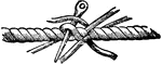 "Knots and splices include all the various methods of tying, fastening, and joining ropes or cords. 'Splicing' is the process employed to join two ropes when it is not advisable to use a knot. The three chief varieties of the splice are the short splice, the long splice, and the eye splice. The short splice is made by unlaying the ends of two ropes for a short distance and fitting them closer together; then, by the help of a marlinspike, the ends are laced over and under the strands of the opposite rope, as shown in figure 18. When each strand has been passed through once, half of it is cut away and the remainder passed through again; half of the remainder being also cut away, it is passed a third time, and, when all the strands are so treated, they are hauled taut and cut close. This reducing the thickness of the strands tapers off the splice."&mdash;(Charles Leonard-Stuart, 1911)