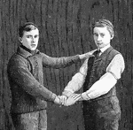 "Improvised Hand Seats: the Three-Handed Seat. THe usefull three-handed seat is made by one bearer grasping the free wrist of the other bearer and placing his free hand on his partner's shoulder, in order to support the patient's back." &mdash; Blaisedell, 1904