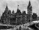 "Ottawa is a city, county seat of Carleton co., Ontario, and capital of the Dominion of Canada; at the confluence of the Ottawa and Rideau rivers on the Rideau canal, and on the Canadian Atlantic, the Canadian Pacific, and other railroads; 126 miles W. of Montreal. The government buildings are imposing structures, of Gothic architecture, costing about $4,000,000. They are built around a quadrangle, and with the grounds belonging to them occupy about 30 acres. They are constructed of a light-colored sandstone."&mdash;(Charles Leonard-Stuart, 1911)