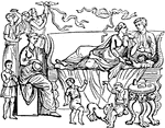 "The act of reclining at meals. The Greeks and Romans were accustomed, in later times, to recline at their meals; but this practice could not have been od great antiquity in Greece, since Homer always describes persons as sitting at their meals; and Isidore of Seville, an ancient grammarian, also attributes the same custom to the ancient Romans. Even in the time of the early Roman emperors, children in families of the highest rank used to sit together, while their fathers and elders reclined on couches at the upper part of the room. Roman ladies continued the practice of sitting at table, even after the recumbent position had become common with the other sex. It appears to have been considered more decent, and more agreeable to the severity and purity of ancient manners for women to sit, more especially if many persons were present. But, on the other hand, we find cases of women reclining, where there was conceived to be nothing bold or indelicate in their posture. Such is the case in the following woodcut, which seems intended to represent a scene of matrimonial felicity. The husband and wife recline on a sofa; their two sons are in front of them; and several females and a boy are performing a piece of music for the entertainment of the married pair." — Smith, 1873