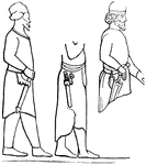 "A Persian sword, whence Horace speaks of the <em>Medus acinaces.</em> The acinaces was a short and straight weapon; and thus differed from the Roman <em>sica,</em> which was curved. It was worn on the right side of the body, whereas the Greeks and Romans usually had their swords suspended on the left side. The form of the acinaces, with the mode of wearing it, is illustrated by the by the following Persepolitan figures." &mdash; Smith, 1873