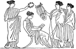 A group of women, with a lyre and wreath.
