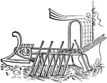 "An Anchor. The anchor used by the ancients was for the most part made of iron, and its form resembled that of the modern anchor. Galley with the Cable to which the Anchor is attached passing through the Oculus in the Prow." &mdash; Smith, 1873