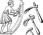 "An adze. Muratori has published numerous representations of the adze, as it is exhibited on ancient monuments. We select the three following, two of which show the instrument itself, with a slight variety of form, while the third represents a ship-builder holding it in his right hand, and using it to shape the rib of a vessel." — Smith, 1873