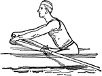 "Rowing is the propulsion of a boat by oars. The oarsman sits with his face to the stern of the boat, his feet planted flush against his 'stretcher' or footboard, and the handle of the oar in his hands, the loom of the oar resting in the rowlock, the 'button' being inside the thowl-pin. 1, entering the water."&mdash;(Charles Leonard-Stuart, 1911)