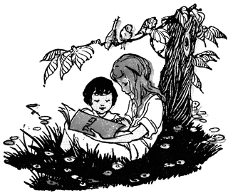 children reading under tree clipart