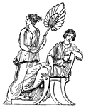 "A seat or chair, was more particularly applied to a soft seat used by women, whereas sella signified a seat common to both sexes. The cathedrae were, no doubt, of various forms and sizes; but they usually appear to have had backs to them. On the cathedra in the annexed cut, is seated a bride, who is being fanned by a female slave with a fan made of peacock's feathers. Women were also accustomed to be carried abroad in these cathedrae instead of in lecticae, which practice was sometimes adopted by effeminate persons of the other sex. The word cathedra was also applied to the chair or pulpit from which lectures were read." &mdash; Smith, 1873