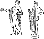"A scarf, denoted an article of the amictus, or outer raiment of the Greeks. It was for the most part woollen; and it differed from the himation or cloak, the usual amictus of the male sex, in being smaller, finer, and oblong instead of square, its length being generally about twice its breadth. The scarf does not appear to have been much worn by children. It was generally assumed on reaching adolescence, and was worn by the ephebi from about seventeen to twenty years of age. It was also worn by the military, especially of high rank, over their body armour, and by hunters and travellers, more particularly on horseback. The usual mode of wearing the scarf was to pass one of its shorter sides round the neck, and to fasten it by means of a brooch, either over the breast, in which case it hung down the back, or over the right shoulder, so as to cover the left arm. In the following cut it is worn again in another way." &mdash; Smith, 1873