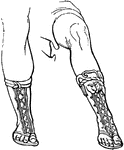 "A boot. Its essential distinction was its height; it rose above the middle of the leg, so as to surround the calf, and sometimes it reached as high as the knees. It was worn principally by horsemen, by hunters, and by men of rank and authority. The sole of the cothurnus was commonly of the ordinary thickness; but it was sometimes made much thicker than usual, probably by the insertion of slices of cork. The object was, to add to the apparent stature of the wearer; and this was done in the case of the actors in Athenian tragedy, who had the soles made unusually thick as one of the methods adopted in order to magnify their whole appearance. Hence tragedy in general was called cothurnus. As the cothurnus was commonly worn in hunting, it is represented as part of the costume of Diana. The preceding cut shows two cothurni, both taken from statues of Diana." &mdash; Smith, 1873