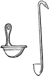 "A Greek and Roman liquid measure, containing one-twelfth of the sextarius, or .0825 of a pint English. The form of the cyathus used at banquets was that of a small ladle, by means of which the wine was conveyed into the drinking-cups from the large vessel in which it was mixed. Two of these cyathi are represented in this following woodcut." &mdash; Smith, 1873.