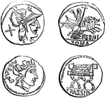 "The principal silver coin among the Romans, was so called because it was originally equal to ten asses; but on the reduction of the weight of the as, it was made equal to sixteen asses, except in military pay, in which it was still reckoned as equal to ten asses. The denarius was first coined five years before the first Punic war, B.C. 269" &mdash; Smith, 1873.