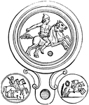 "A rider in the Roman games, who generally rode two horses at the same time, sitting on them without a saddle, and vaulting upon either of them at is pleasure. The annexed woodcut shows three figures of desultores." &mdash; Smith, 1873.
