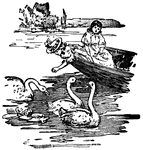 Children in a boat playing with swans.