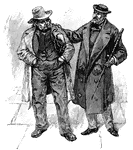 Two men in their jackets and hats, on the street.