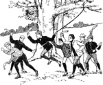 "Sling the Monkey is a capital game, and can be played anywhere where there are trees. One player who is chosen by lot, takes the part of Monkey, and is fastened to a tolerably high branch of a tree by a strong cord knotted in a 'bowline' loop and passed round his waist. the other players now baste the monkey with knotted handkerchiefs, and he armed in like manner, endeavors to realiate. If he succeeds in striking one of them, he is at once released, and the other takes his place as monkey. He must make haste in doing it, or he may be basted until he is fairly in the loop. With players who don't mind a little buffeting this game becomes exceedingly lively: and active monkey is very different to approach with safety, and, of course, gives much more life to the game. The cord should be just long enough to enable the monkey to reach the ground comfortably under the branch. Half the fun of the game lies in actual slinging of the monkey, one of whose most effective ruses is to throw himself forward on the rope, preend to start off in one direction, and then come back with a swing in the other. The branch to which the cord is attached should be of some considerable height from the ground, or there will not be play enough in the rope; and it need scarcely be impressed upon the reader tha both rope and branch must be strong enough to bear the strain put upon them by the weight and movements of the monkey." &mdash; Thomas Sheppard Meek