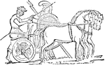"In the battles, as depicted by Homer, the chiefs are the only important combatants, while the people are an almost useless mass, frequently put to rout by the prowess of a single hero. The chief is mounted in a war chariot, and stands by the side of his charioteer, who is frequently a friend." — Smith, 1882