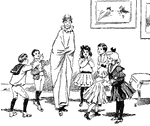 "This may be done in two ways: first and most difficult, by one boy standing on another's shoulders, and then putting over both a long loose garment, long enough to reach to the knees of the lower one. This method, however, may be made much more easy by the upper player putting his feet in a kind of stirrup fastened to straps passing over the under one's shoulder's, and hanging just down to the hips. Height, of course, is sacrificed, but greater safety is secured; the giant, too, can exhibit thus for a longer time, as the attitude is not so fatiguing. The other and simpler method is to place a huge mask, which should represent a head and neck, on the top of a pole about five feet long, with a cross-piece to represent arms, and then tying a long cloak- it should be made for the purpose: any common material will do- round the neck of the mask and get bodily inside. Now, by raising or depressing the pole, the giant may be made to attain an extra ordinary stature or to shrink down again to ordinary dimensions as well. The lower end of the cloak, about two feet from the bottom, must be fastened to the performer's waist, so that when the head is depressed the cloak may fall in folds, and not sweep the ground as it otherwise would. There is a very entertaining illusion of this sort exhibited under the name of 'The Nondescripts.' Two figures with enormous heads, alternately giants and dwarfs, run about the circus and indulge in the most surprising vagaries, being able apparently to contort themselves in every imaginable direction. Their final coup is to put their heads deliberately through their legs, and make their exit with their eyes thus looking over their own shoulders."&mdash; Thomas Sheppard Meek