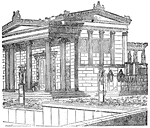 "The building of the new Erechtheum was not commenced till the Parthenon and Propylea were finished, and probably not before the year preceding the breaking out of the Peloponnesian war. Its progress was no doubt delayed by that event, and it was probably not completed before 393 B.C. When finished it presented one of the finest models of the Ionic order, as the Parthenon was of the Doric. It stood to the north of the Acropolis." &mdash; Smith, 1882