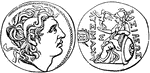 "Coin of Alexander the Great. Alexander, at the time of his father's death, was in his twentieth year, having been born in B.C. 356." &mdash; Smith, 1882