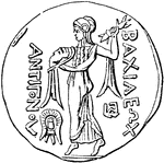 "Minerva is often represented on gems and coins, hurling the thunderbolts of Jove. The following cut, so representing her, is from a silver coin of Antigonus Gona as itself copied from an ancient statue." &mdash; Anthon, 1891