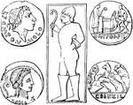 "The figure in the middle of the following illustration is from a most ancient specimen of Etruscan sculpture, and represents an augur with his <em>lituus</em>, or staff. The others are Roman denarii." &mdash; Anthon, 1891