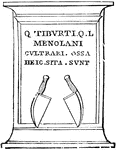 "The preceding cut represents the tombstone of a <em>cultrarius</em>, or the individual who slew the victim at the altar, and upon it two <em>cultri/i>, or sacrificial knives." &mdash; Anthon, 1891