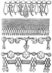 "A necklace. Necklaces were worn by both sexes among the most polished of those nations which the Greeks called barbarous, expecially the Indians, the Egyptians, and the Persians. Greek and Roman females adopted them more particularly as a bridal ornament. They were of various forms, as may be seen by the following specimens." — Smith, 1873