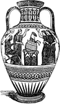 "A vessel of any material, round and plain, and having a wide mouth: a pot; a jar. The following woodcut is taken from a vase in the British Museum which was found at Canino in Etruria. The painting upon it represents the story of Medea boiling an old ram wih a view to persuade the daughters of Pelias to put him to death. The pot has a round bottom, and is supported by a tripod, under which is a large fire. the ram, restored to youth, is just in the act of leaping out of the pot. instead of being supported by a seperate tripod, the vessel was sometimes made with the feet all in one piece." &mdash; Smith, 1873