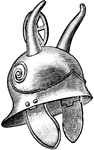 Iron Helmet used in the Gallic War with horns and a spiral decoration.
