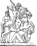 Charging cavalryman pictured trampling an enemy soldier and holding a spear in the Gallic War.