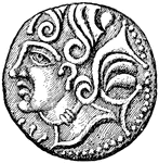 The Coin of the King of the Suessiones, Diviciacus, with bust on front and prancing horse on back. Front.