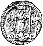Coin of Caesar showing bust on front, design on back. Back