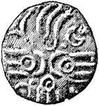 British coin of the time period of the Roman invasion in the Gallic War, B.C. 54. Front.