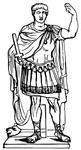 "The cloak worn by a Roman general commanding an army, his principal officers and personal attendants, in contradistinction to the sagum of the common soldiers, and the toga or garb of peace. It was the practice for a Roman magistrate, after he had received imperium from the comitia curiata and offered up his vows in the capitol, to march out of the city arrayed in the paludamentum, attended by his lictors in similar attire, nor could he again enter the gates undil he had formally divested himself of this emblem of military power. The paludamentum was open in front, reached down to the knees or a litle lower, and hung loosely over the shoulders, being fastened across the chest by a clasp. The colour of the paludamentum was commonly white or purple, and hence it was marked and remembered that Crassus no the morning of the fatal battle of carrhae went forth in a dark-coloured mantle." &mdash; Smith, 1873
