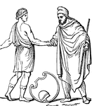 "A small shield, Iphicrates, observing that the ancient Clipeus was cumbrous and inconvenient, introduced among the Greeks a much smaller and lighter shield, from which those who bore it took the name of peltastae. It consisted principally of a frame of wood or wicker-work, covered with skin or leather. An elegant form of the pelta is exhibited in the preceting cut, representing Penthesilea, Queen of the Amazons, in the act of offering aid to Priam." &mdash; Smith, 1873