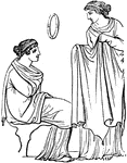 "An outer garment, strictly worn by females, and thus corresponding to the himation or pallium, the outer garment worn by men. Like all other pieces of cloth used for the Amictus, it was often fastened by means of a brooch. It was, however, frequently worn without a brooch, in the manner represented in the annexed cut. Each of the females in this group wears a tunic falling down to her feet, and over it an ample pepius, which she passes entirely round her body and then throws the loose extremity of it over her left shoulder and behind her back, as is distinctly seen in the sitting figure. Of all the productions of the loom, pepli were those on which the greatest skill and labour were bestowed. so various and tasteful were the subjects which they represented, that poets delighted to describe them. The art of weaving them was entirely oriental; and those of the most splendid dyes and curious workmanship were imported from Tyre and Sidon. They often constituted a very important part of the treasures of a temple, having been presented to the divinity by sppliants and devotees." &mdash; Smith, 1873