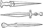 "A dagger; a two-edged knife, commonly of bronze, with the handle in many cases variously ornamented or enriched." &mdash; Smith, 1873