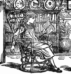 A girl reading in a chair by a bookcase.