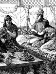 "So the king and Haman came to banquet with Esther the queen." Esther 7:1 ASV
<p>King Xerxes and Esther sit on a couch together. Xerxes holds his royal scepter.