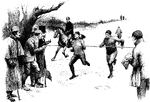Men in a cross-country run, crossing the finish line.