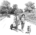 Boys walking down a street with their dog