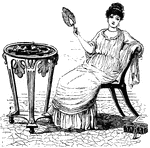 A lady sitting on a chair, fanning herself.