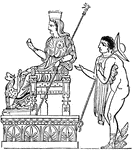 "The following wood-cut from a fictile vase in the Museo Borbonico at Naples, represents Juno seated on a splendid throne, which is elevated on a basement. She holds in her left hand a sceptre, and in her right the apple, which Mercury is about to convey to Paris with a view to the celebrated contest for beauty on Mount Ida. Mercury is distinguished by his talaria, his caduceus, and his petasus thrown behind his back, and hanging b a string. On the right side of the throne is the representation of a tigress or panther." &mdash Smith; 1873