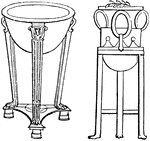 "Tripos, a tripod, i.e. any utensil or article of furniture supported upon three feet. More especially, 1. A three-legged table. 2. A pot or caldron, used for boiling meat, and either raised upon a three-legged stand of bronze, or made with its three feet in the same piece. 3. A bronze altar, not differing probably in its original form from the tall tripod caldron already described. In this form, but with additional ornament, we see it in the left-hand figure in the annexed cut. The figure on the right hand represents the tripod from which the Pythian priestess at Delphi gave responses. The celebrity of this tripod produced innumerable imitations of it, which were made to be used in sacrifice, and still mere frequently to be presented to the treasury both in that place and in many other Greek temples." &mdash Smith; 1873