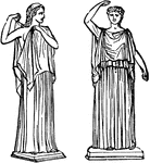 "Tunica, an under-garment. Greek. The chiton was the only kind of under-garment, worn by the Greeks. Of this there were two kinds, the Dorian and Ionian. The Dorian chiton, as worn by males, was a short woollen shirt, without sleeves; the Ionian was a long linen garment, with sleeves. The former seems to have been originally worn throughout the whole Greece; the latter was brought over to Greece by the Ionians of Asia. The Ionic chiton was commonly worn at Athens by men during the Persian wars, but it appears to have entirely gone out of fashion for the male sex about the time of Pericles, from which time the Dorian chiton was the under-garment universally adopted by men through the whole of Greece." &mdash; Smith; 1873