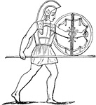 "In the Homeric times, the Greeks used a belt for the sword, and another for the shield. These passed over the shoulders and crossed upon the breast. The shield-belt lay over the other, and was the larger and broader of the two. This mode of carrying the shield was subsequently laid aside, on account of its inconvenience. The later method is shown." &mdash; Anthon, 1891