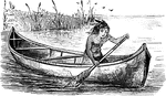 A Native American in a birch canoe.
