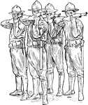 "Each rear-rank man aims through the interval to the right of his file leader and leans slightly forward to advance the muzzle of his piece beyond the front rank." &mdash; Moss, 1914